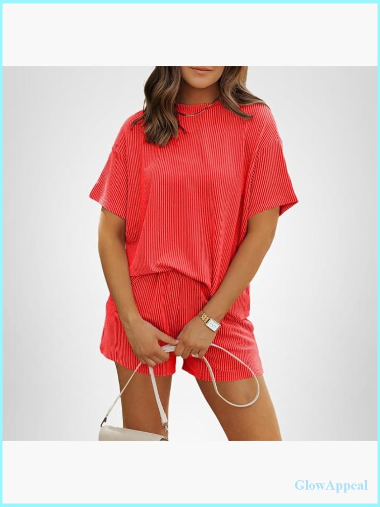 Women 2 Piece Shorts Set Ribbed Loose Short Sleeve Lounge Sets